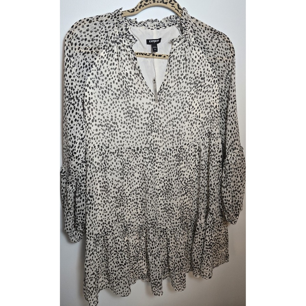 NWT Express Animal Print Ruffle Neck Long Sleeve White/Ivory Black Blouse XXS
